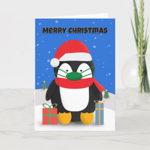 Cartão De Festividades Merry Christmas Cute Penguin in Pandemic Face Mask