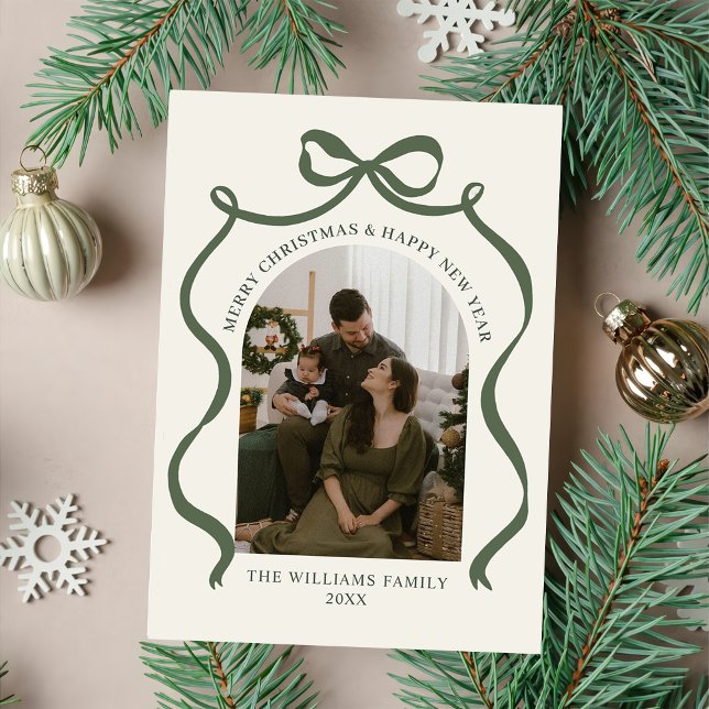 Cartão De Festividades Merry Christmas Elegant Bow Photo Holiday Card (Criador carregado)