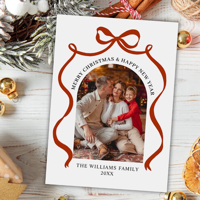 Cartão De Festividades Merry Christmas Elegant Red Bow Photo Holiday Card (Criador carregado)