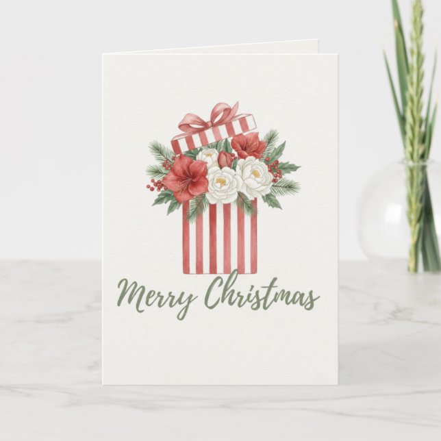 Cartão De Festividades Merry Christmas Floral Gift Box Card (Frente)