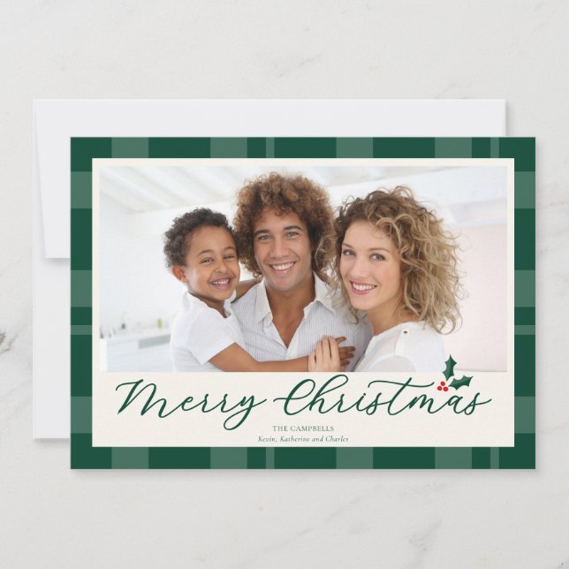 Cartão De Festividades Merry Christmas Green Plaid Photo (Frente)