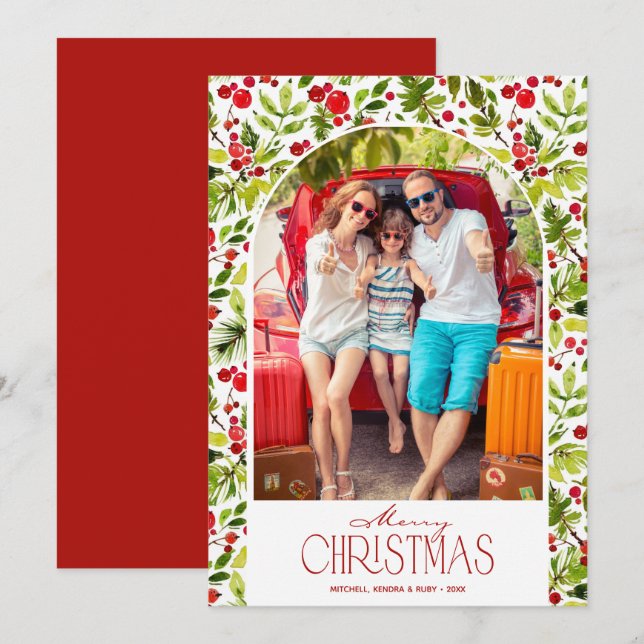 Cartão De Festividades Merry Christmas Greenery and Holly Photo (Frente/Verso)