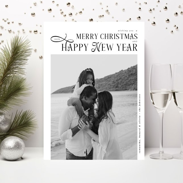 Cartão De Festividades Merry Christmas Happy New Year Family 4 Photos (Criador carregado)