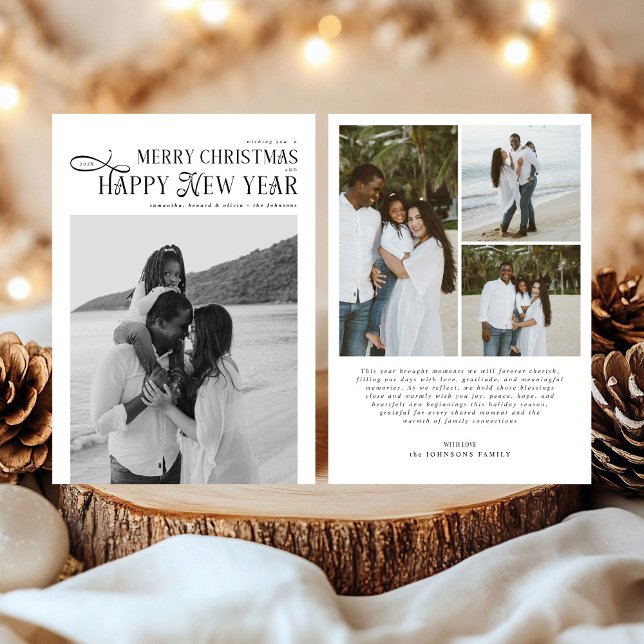 Cartão De Festividades Merry Christmas Happy New Year Family 4 Photos (Criador carregado)