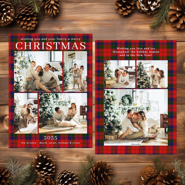 Cartão De Festividades Merry Christmas Multi Photo Red Plaid Holiday Card (Criador carregado)