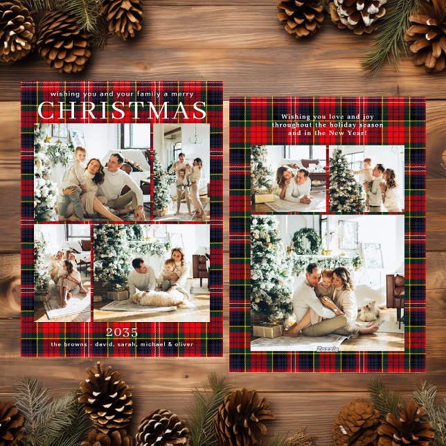 Cartão De Festividades Merry Christmas Multi Photo Red Plaid Holiday Card (Criador carregado)