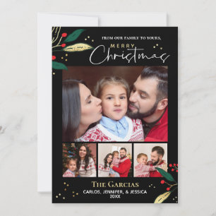 Cartão De Festividades Merry Christmas Photo Black Red Gold Greenery