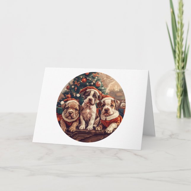 Cartão De Festividades Merry Christmas Pit Bull Puppy Dogs (Frente)