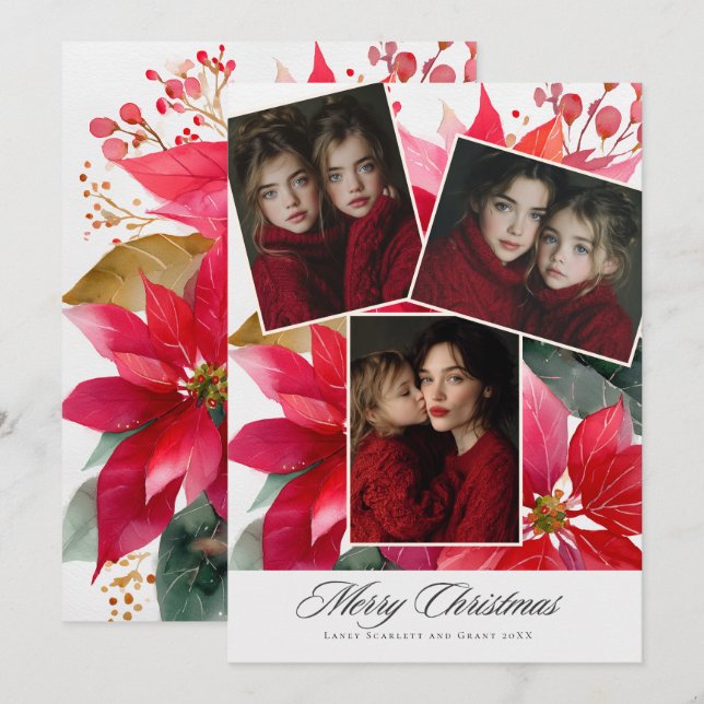 Cartão De Festividades Merry Christmas Poinsettia Floral holiday 3 photo (Frente/Verso)