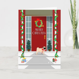Cartão De Festividades Merry Christmas - Pug Dog at Door - Greeting Card