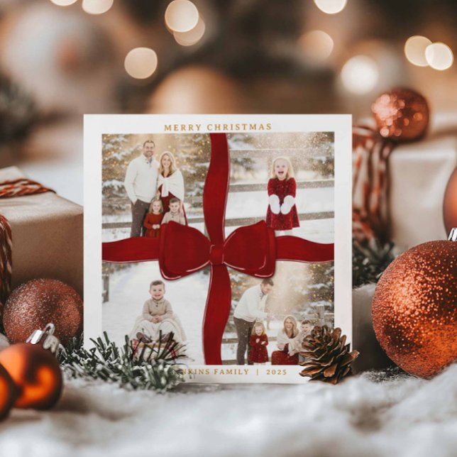 Cartão De Festividades Merry Christmas Red Bow 4 Photo Holiday Card (Classic Red Bow Merry Christmas 4 Photo Card)