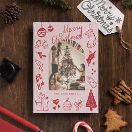 Cartão De Festividades Merry Christmas Red Cute Hand Drawn Doodles