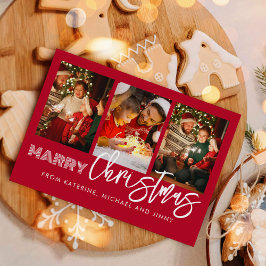 Cartão De Festividades Merry Christmas Red Photo Collage Family Card