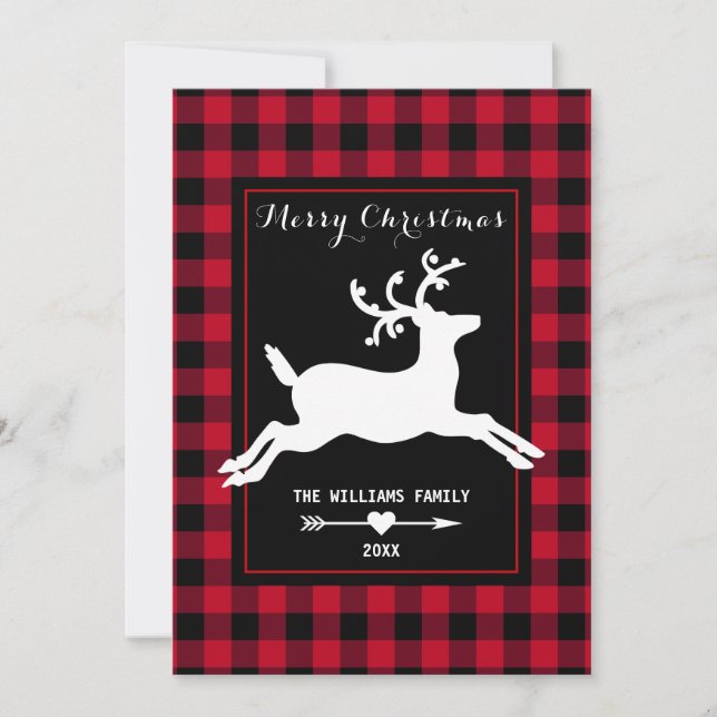 Cartão De Festividades Merry Christmas Reindeer Rustic Red Buffalo Check (Frente)