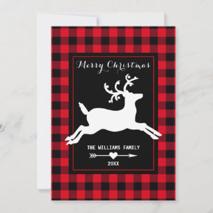 Cartão De Festividades Merry Christmas Reindeer Rustic Red Buffalo Check