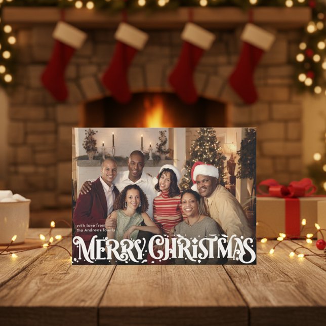 Cartão De Festividades Merry Christmas Retro Script | Custom Four-Photo (Criador carregado)