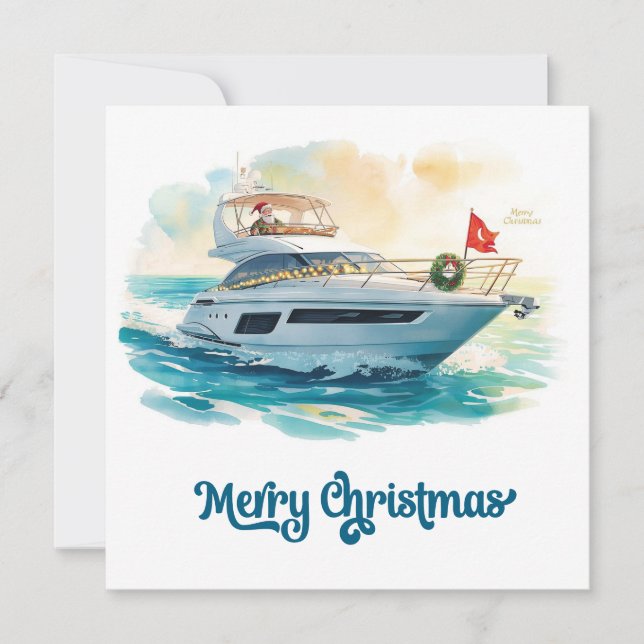 Cartão De Festividades Merry Christmas Santa Sailing on a Yacht (Frente)