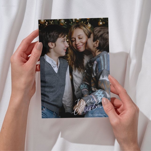 Cartão De Festividades Merry Christmas Script Photo Navy (Criador carregado)