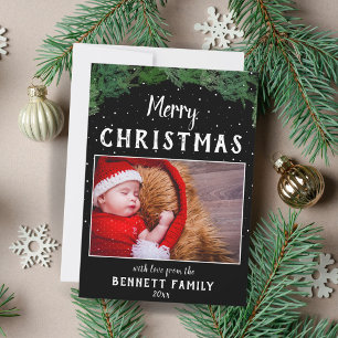 Cartão De Festividades Merry Christmas Script Pine Preto Floco de Neve Fo