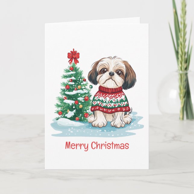 Cartão De Festividades Merry Christmas Shih Tzu Santa Dog (Frente)