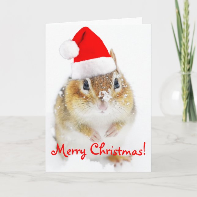 Cartão De Festividades Merry Christmas Snowy Santa Chipmunk (Frente)