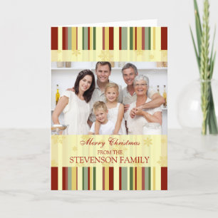 Cartão De Festividades Merry Christmas Stripes and Snowflakes Photo Card