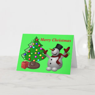 Cartão De Festividades Merry Christmas Tree & Snowman Greeting Card