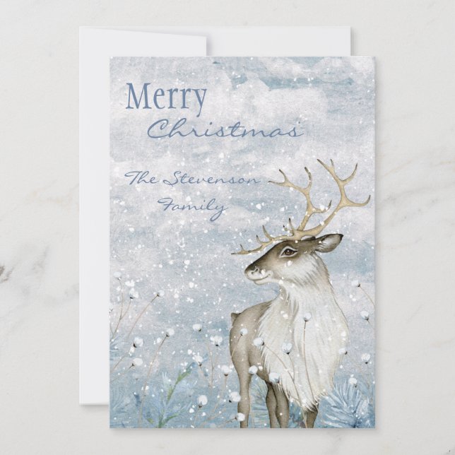 Cartão De Festividades Merry Christmas Watercolor Deer Scenname (Frente)