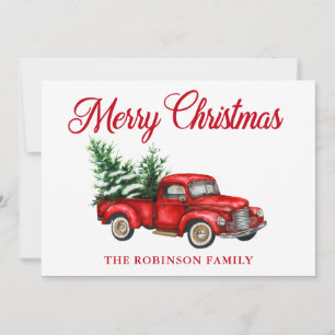 Cartão De Festividades Merry Christmas Watercolor Vintage Red Truck Trees