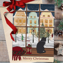 Merry Christmas Winter Scene Cat Greeting Card