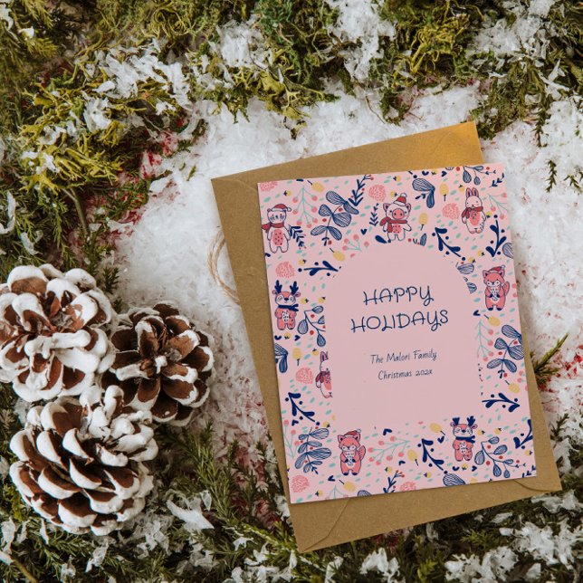 Cartão De Festividades Merry Christmas Woodland Friends in Winter Forest  (Criador carregado)