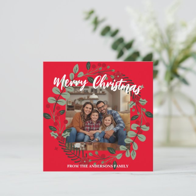 Cartão De Festividades Merry Christmas Wreath Photo Personalized Family N (Em pé/Frente)