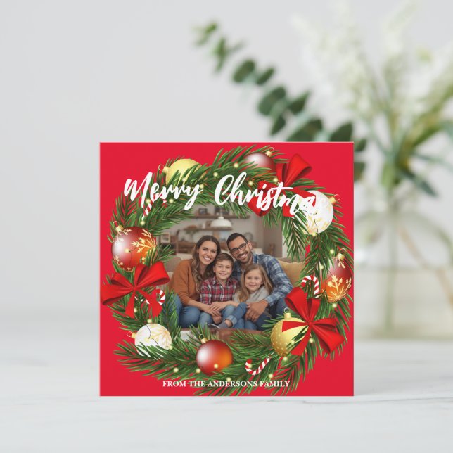 Cartão De Festividades Merry Christmas Wreath Photo Personalized Family N (Em pé/Frente)