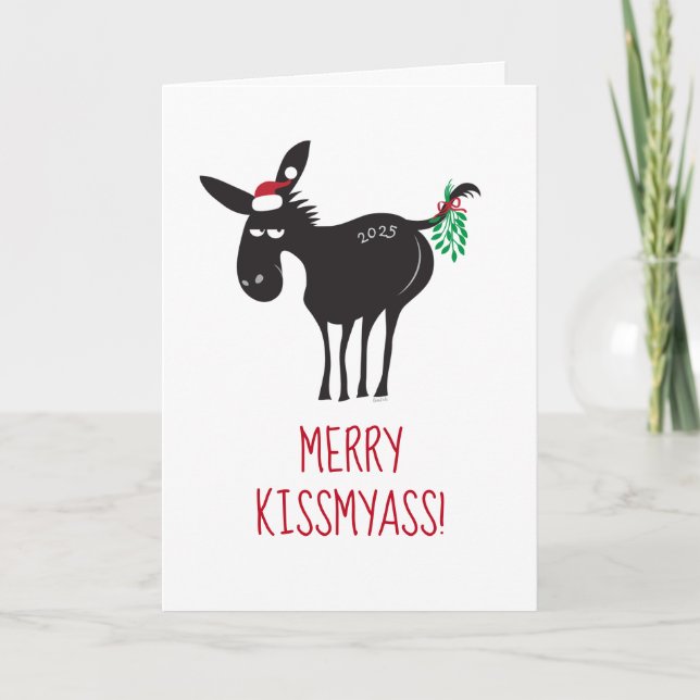 Cartão De Festividades Merry KissMyAss! Donkey with Mistletoe (Frente)