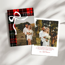 Cartão De Festividades Merry & Married Script Photo Christmas Tartan Bow