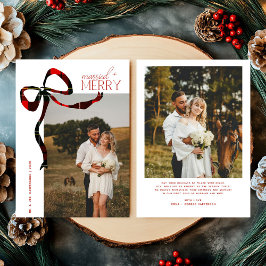 Cartão De Festividades Merry & Married Script Photo Christmas Tartan Bow