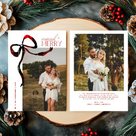 Cartão De Festividades Merry & Married Script Photo Christmas Tartan Bow