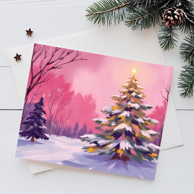 Cartão De Festividades Merry Pink Christmas | Watercolor Holiday Card (Criador carregado)