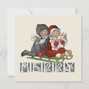 Cartão De Festividades Merry Vintage Sled Children Christmas Card