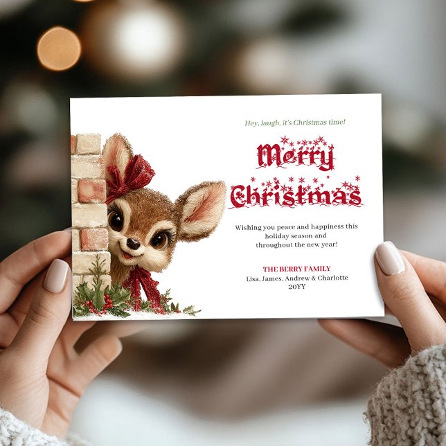 Cartão De Festividades Merry Xmas peeking funny reindeer holiday card (Merry Xmas peeking funny reindeer holiday card)