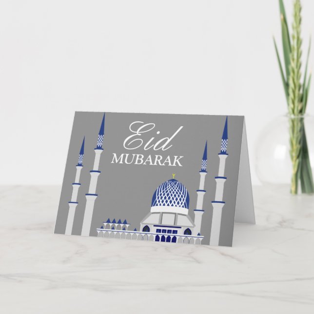 Cartão De Festividades Mesquita azul e branca elegante Eid Mubarak (Frente)