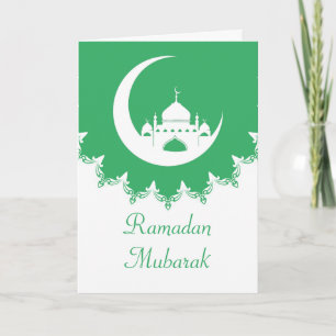 Cartão De Festividades Mesquita branca no Ramadã da Lua Crescente, verde
