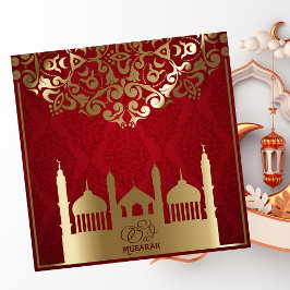 Cartão De Festividades Mesquita Eid al Fitr Mubarak Dourado Padrão Vermel