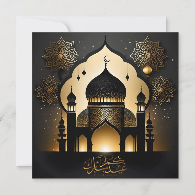 Cartão De Festividades Mesquita Eid Mubarak Padrão Islâmico Dourado Preto (Frente)