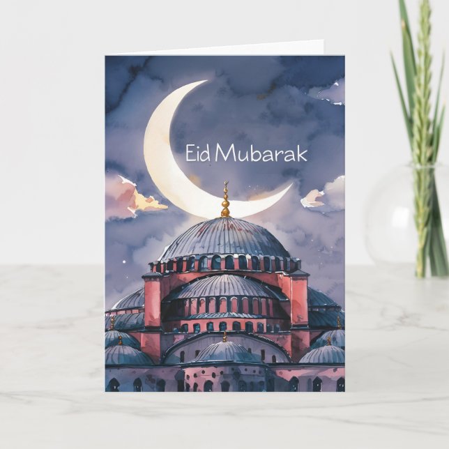 Cartão De Festividades Mesquita em aquarela lua Eid Mubarak Crescente lua (Frente)