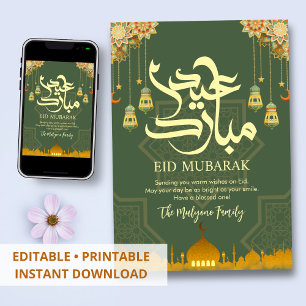Cartão De Festividades Mesquita Verde e Dourada Festiva 3D Eid Mubarak
