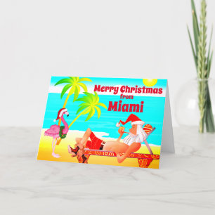 Cartão De Festividades Miami Felry Papais noeis de Natal e Flamingo Beach