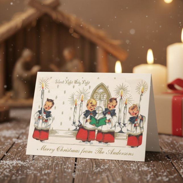 Cartão De Festividades Mid-Century Silent Night Boys Choir Custom (Mid-Century Silent Night Boys Choir Custom Holiday Card)
