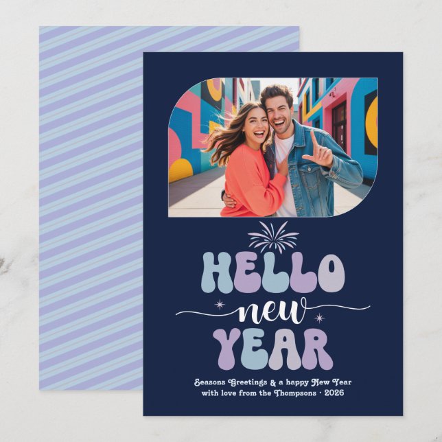 Cartão De Festividades Midnight Frost Hello New Year Blue Retro Photo (Frente/Verso)