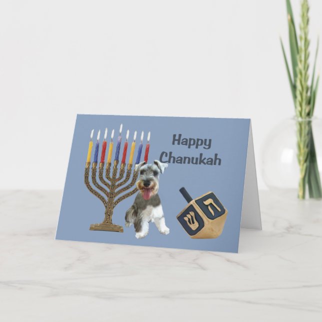 Cartão De Festividades Miniatura Schnauzer Chanukah Card Menorah Dreidel (Frente)